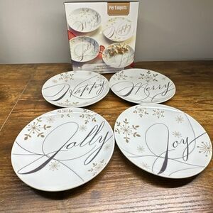 Pier 1 Imports appetizer plates Holiday Wishes set of 4 Original Box Porcelain